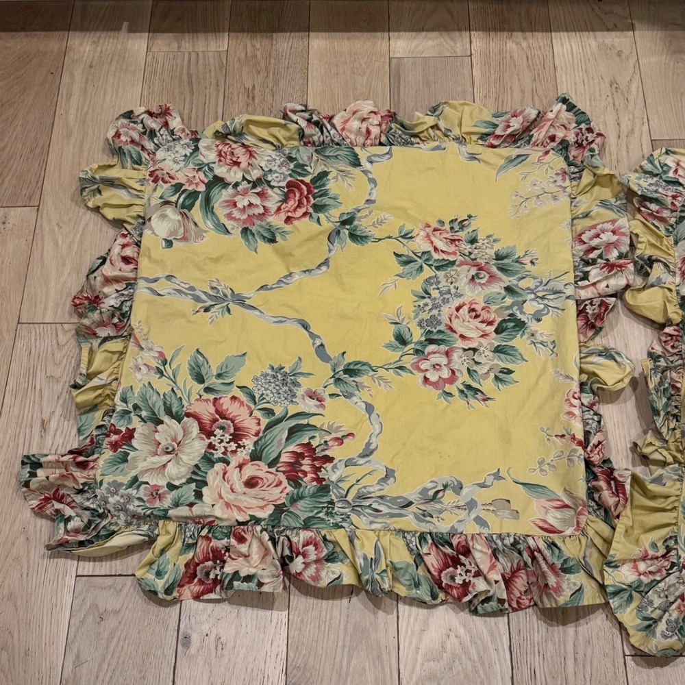 Ralph Lauren Floral Pillow Sham Set 2 Euro Square Yellow Rose Ruffle Cottagecore